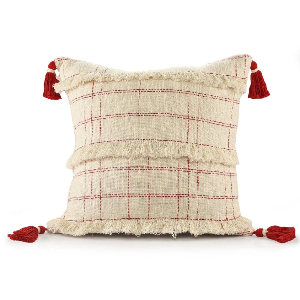 Red and White Plaid Woven Cotton Throw Pillow with Fringe, 20" x 20"